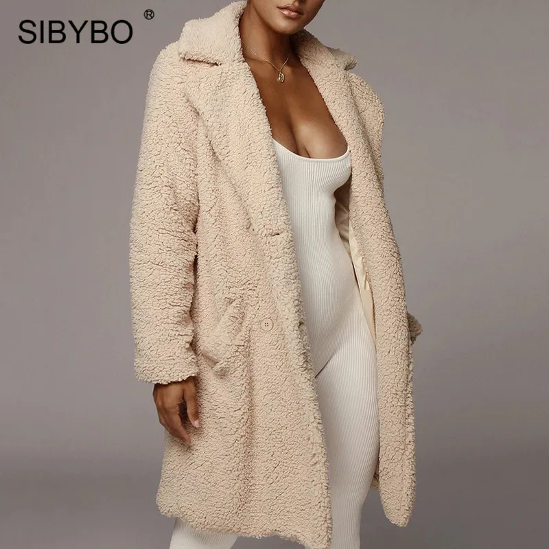 SIBYBO плюшевое уютное зимнее длинное пальто для женщин с длинным рукавом однобортное повседневное женское пальто с карманами женские рождественские Топы