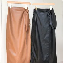 Кожаные ПУ женские миди юбки с высокой талией Офисная Женская юбка с запахом черный хаки для весны и осени