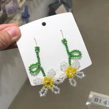 

MENGJIQIAO Korean New Handmade Crystal Beads Flower Drop Earrings For Women Students Elegant Holiday Brincos Party Jewelry Gifts