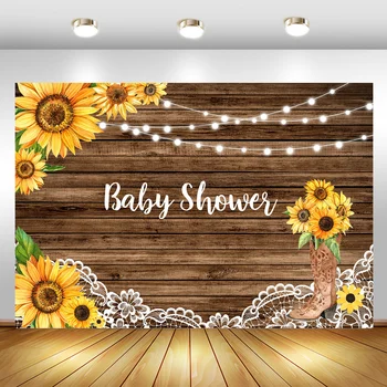 

Sunflower Rustic Wood Baby Shower Backdrop White Lace Rural Style Baby Shower Party Decorations Banner Photo Background