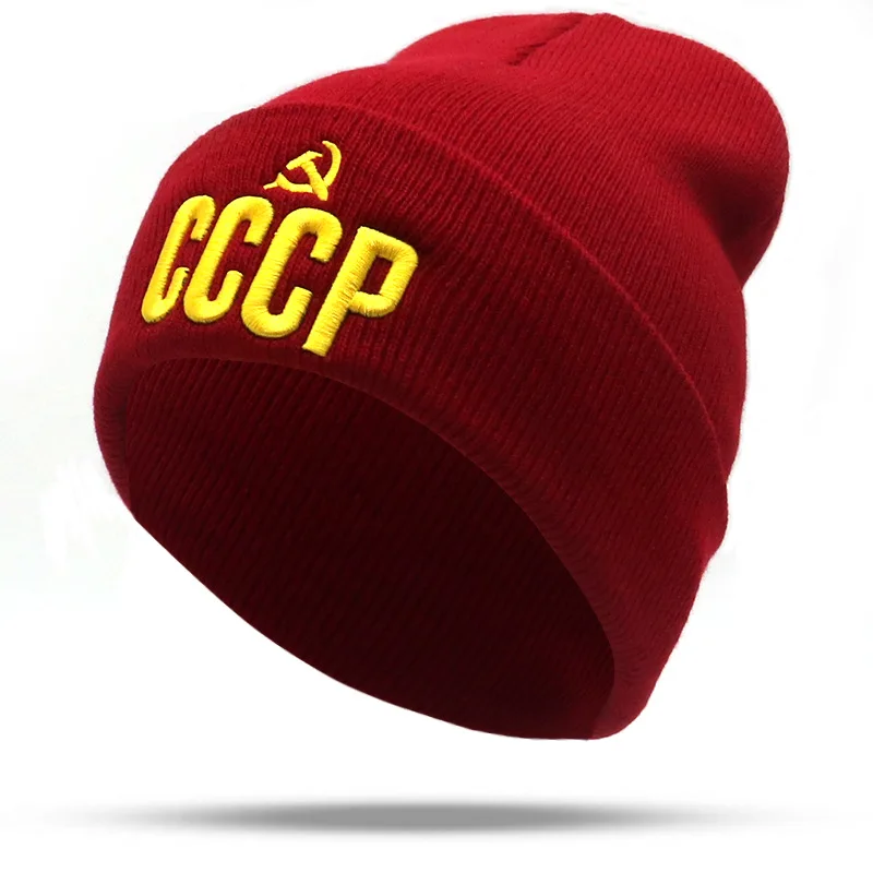red CCCP Россия эмблема коммунизма 3D AEOZRING вязанная шапка с вышивкой шапочка шапка СССР советские значки серп молоток Рождественский подарок - Цвет: red