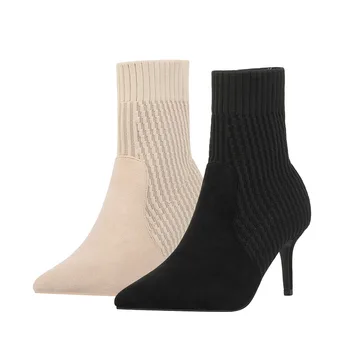 

Autumn and winter hot style suede knit stiletto boots women's fashion pointed high-top boots