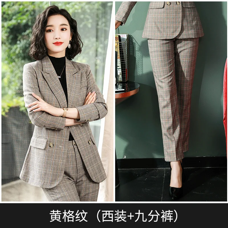 Suit 1 Клетчатый женский двубортный деловой костюм, плюс размер, Женский облегающий костюм, офисный женский вечерний Блейзер и брюки, комплект из 2 предметов - Цвет: Suit 1