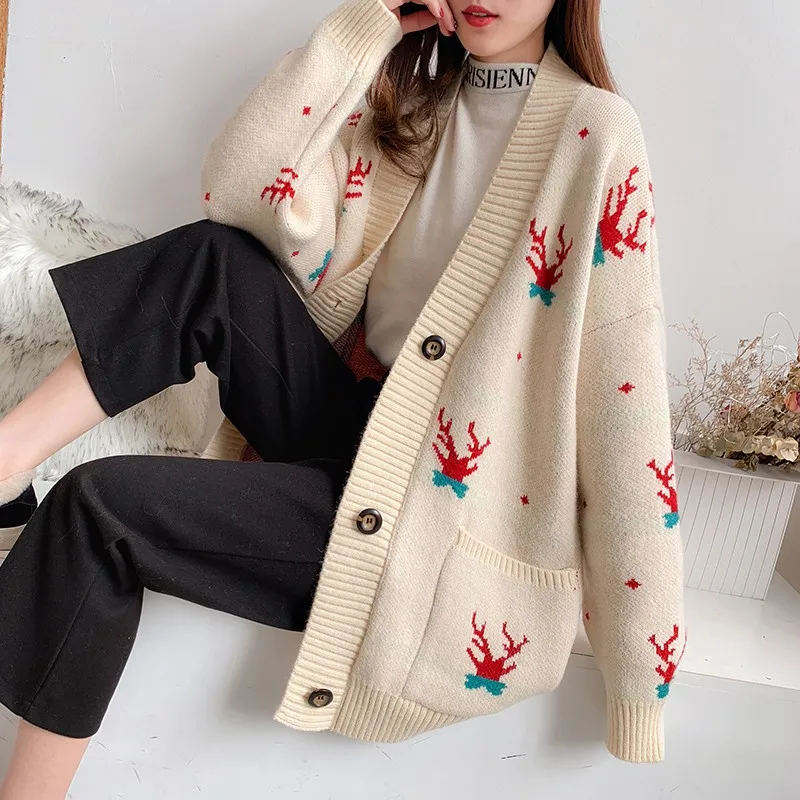 Для женщин свитер для мальчиков; кардиганы; осень-зима с вышивкой с героями мультфильмов; с изображением рождественского оленя кардиганы Пончо Однобортный вязаный свитер