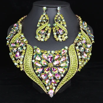 

LUXURIOUS BIG CRYSTAL STATEMENT NECKLACE EARRINGS SET GOLD COLOR JEWELRY SETS INDIAN BRIDAL WEDDING JEWELLERY WOMEN ACCESSORIES