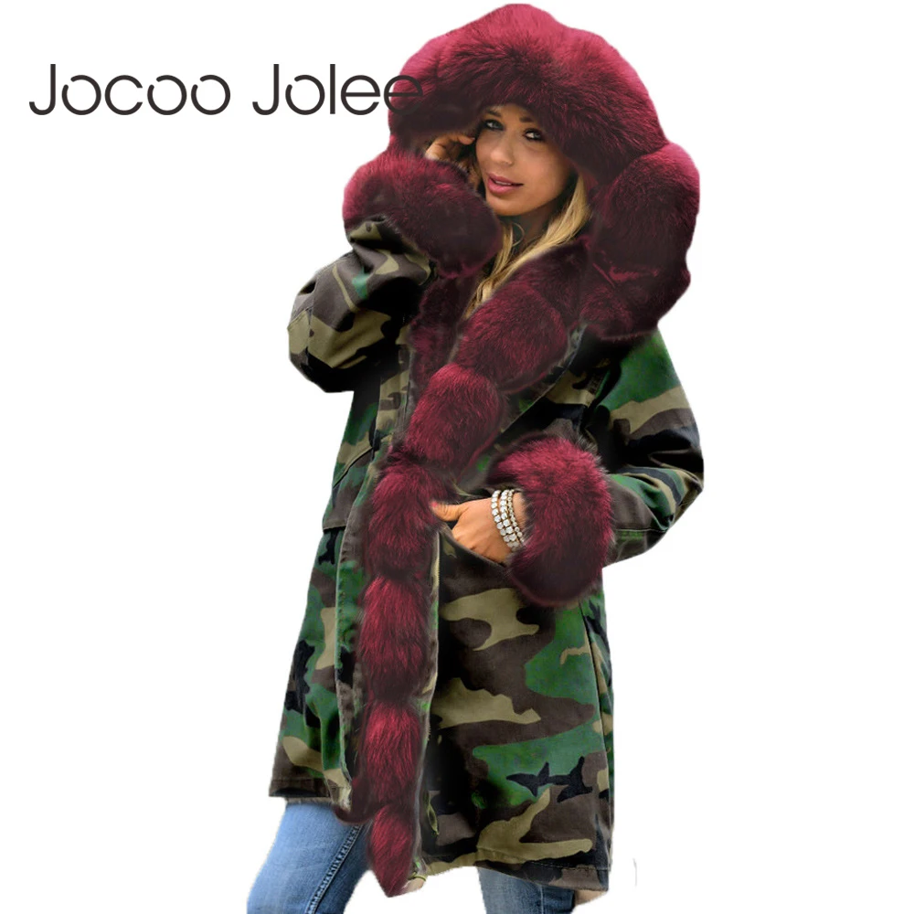 Jocoo Jolee Женская Зимняя мода камуфляж с капюшоном меховой воротник теплое плотное пальто Длинная парка Европейский стиль уличная куртка