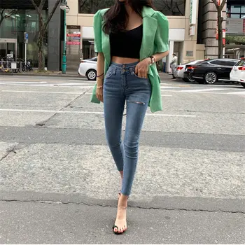 

HziriP Light Blue Sexy 2019 Autumn Slender High Waist Elastic Jeans Skinny Hole Straight Large Size Jeans Pencil Denim Trousers