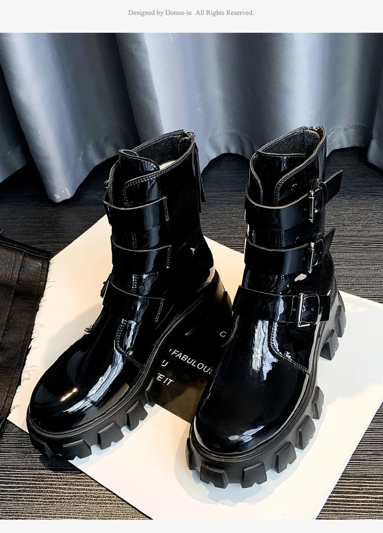 Donna-in/зимние мотоботы из натуральной кожи на платформе; Женская обувь в готическом стиле; обувь на высоком каблуке с пряжкой и молнией; модные ботинки в стиле панк; Цвет Черный