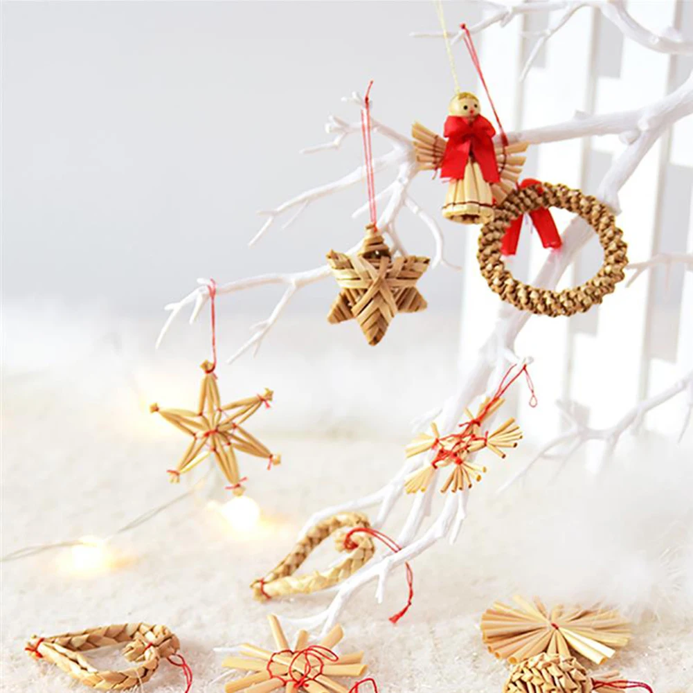 

56pcs Christmas Tree Hanging Ornament Pendants Natural Wheat Straw Handmade Mini Wreath Decor Home Natural Dropshipping O15