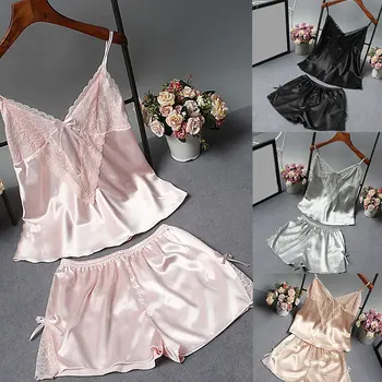 

Women Women 2 Piece Silk Sleepwear Sets Lace Patchwork Cami Top and Shorts Pajama Homewear