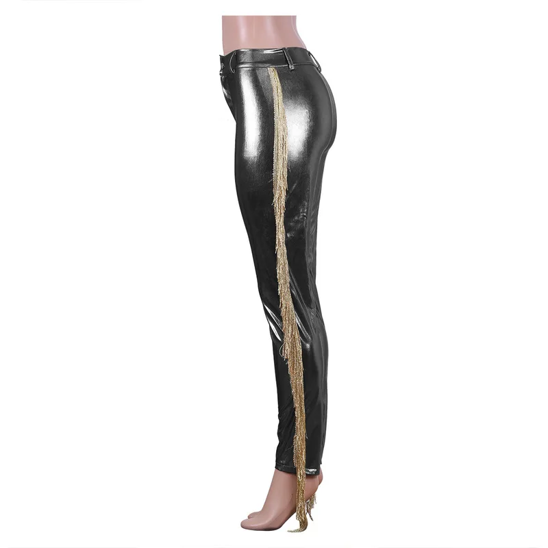 Gold Tassel Patchwork Sexy Pencil Pant Women Black PU Leather High Waist Skinny Trouser Fashion High Elastic Plus Size Long Pant