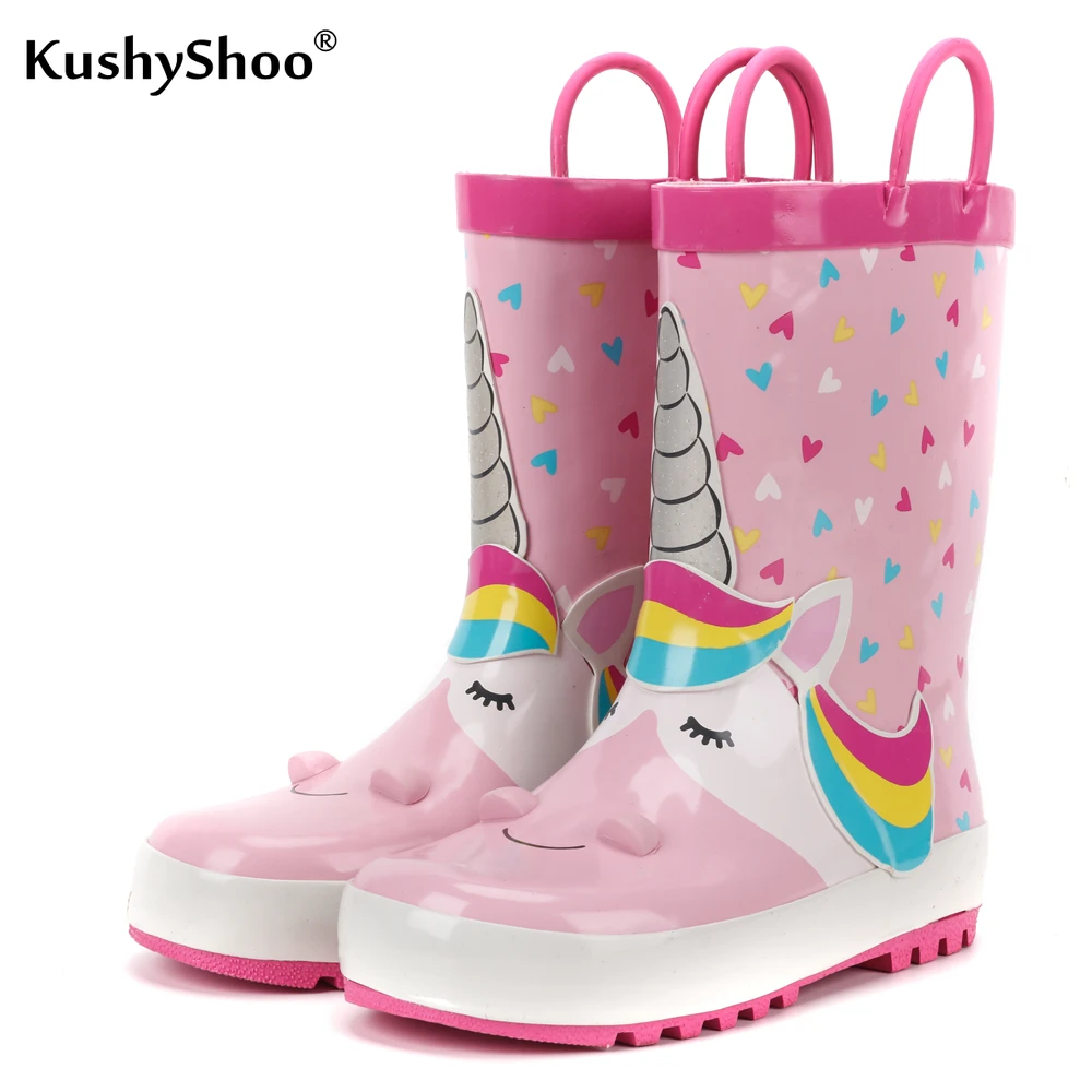 KushyShoo Botas de lluvia impermeables para niños y niñas, botines de goma con dibujos en 3D, rosa|Botas| -