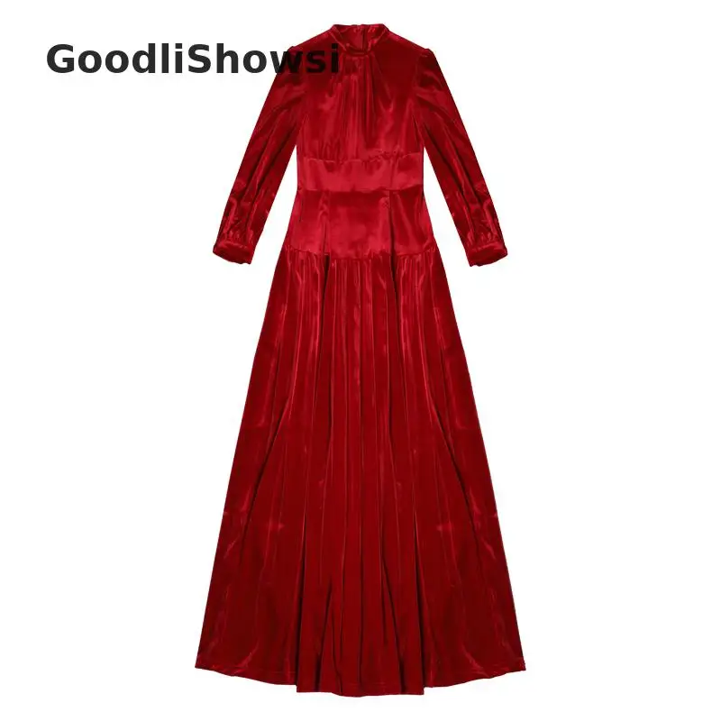 GoodliShowsi бархатное элегантное платье высокого класса, однотонное платье со стоячим воротником, длинное вечернее платье, плиссированное очаровательное женское Платье Макси