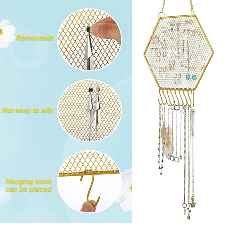 hexagonal duradero para colgar organizador de joyas montado en la pared, de rejilla diamante decorativo con ganchos para collares, 1 ud.|Material y herramientas de joyería| - AliExpress