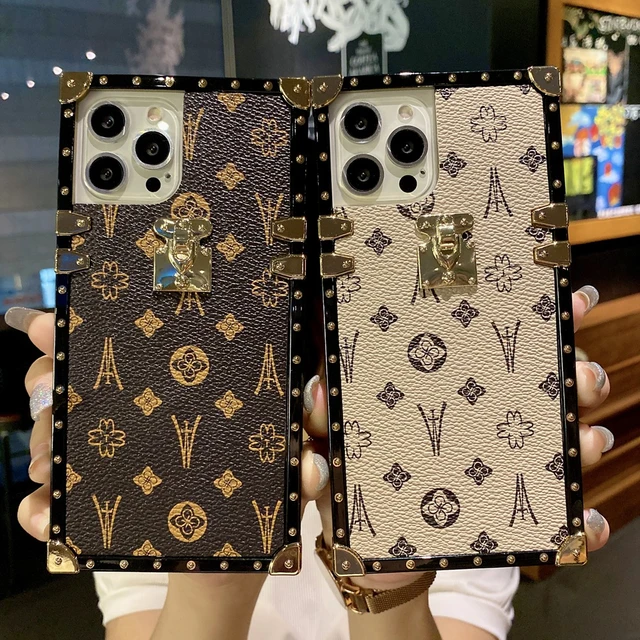 Luxury Flower Geometric Pattern Square Leather Phone Case For iPhone 14 PRO  MAX 13 15 PRO 12 11 X XS XR 7 8 14 Plus Soft Cover