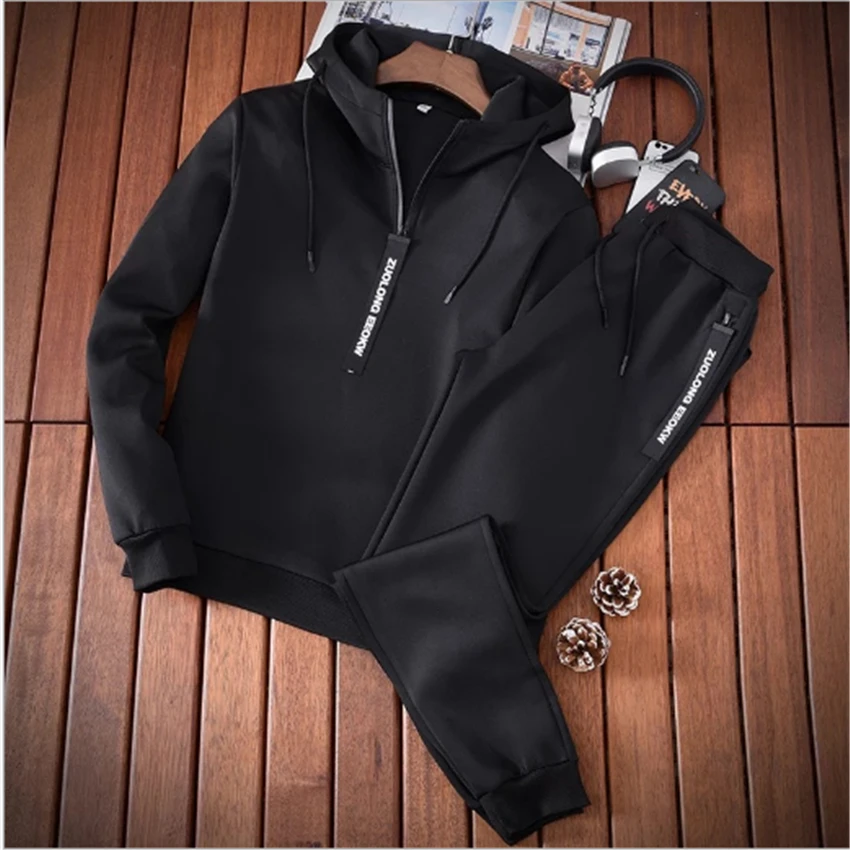 Лоскутная Мужская спортивная одежда, наборы, Осень-зима, с капюшоном, толстый мужской повседневный спортивный костюм, мужской комплект из 2 предметов, толстовка+ спортивные штаны - Цвет: black