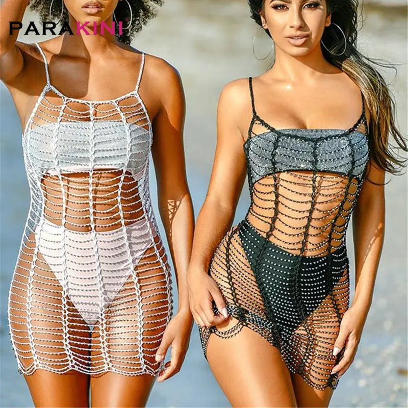 

PARAKINI 2020 New Rhinestone Beach Dress Solid Mesh Cover Up Women Crochet Bikini Cover Ups Swimwear Hollow Out Beach Mini Dress