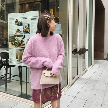 

Women Winter Sweater 2019 Loose O-Neck Casual Solid With Fur Sofit Female All-Match Sweaters