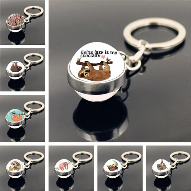 

WG 1pc Fashion Sloth Time Jewel cabochon Keychain Pendant Metal Glass Ball Keychain For Creative Lazy Gift