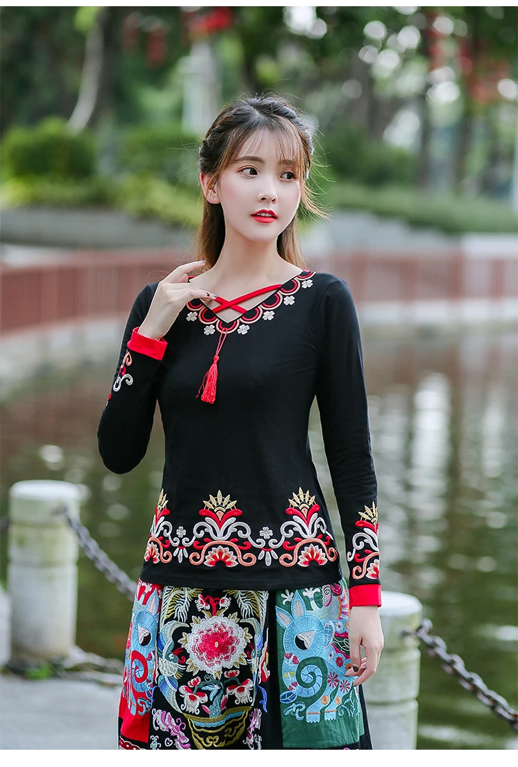 KYQIAO camiseta mujer мексиканский стиль хиппи с длинным рукавом v образным вырезом черная футболка с вышивкой Женские Топы blusa feminina