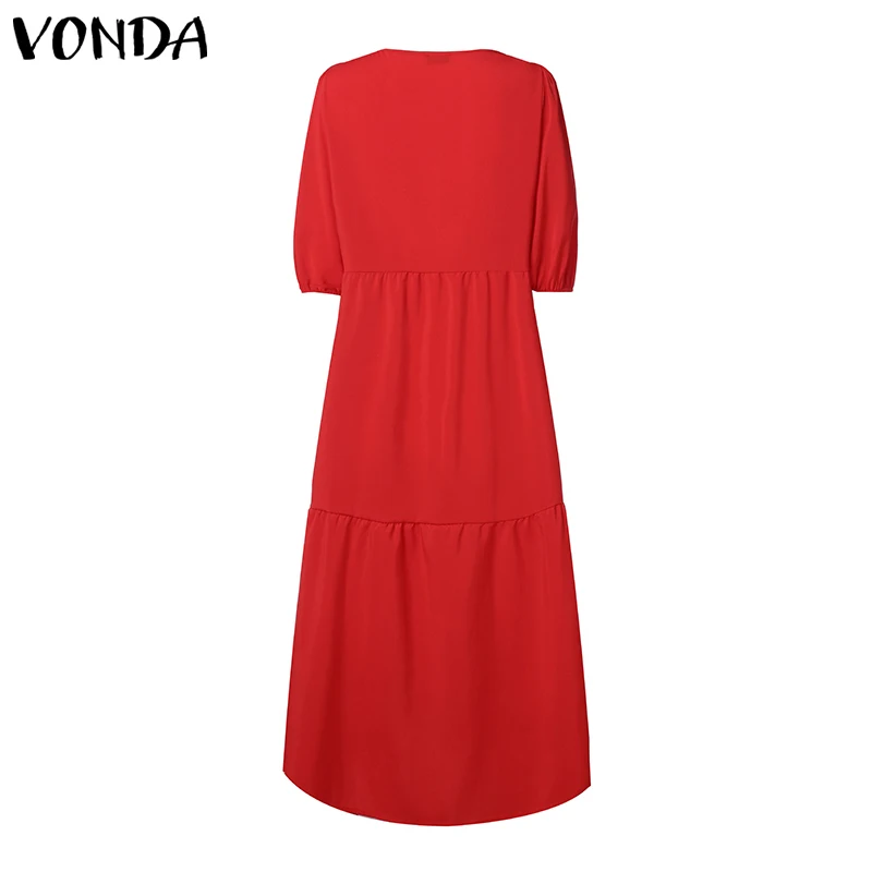 VONDA, женские одноцветные длинные платья с коротким рукавом и оборками, повседневное свободное праздничное платье Vestidos размера плюс, летний сарафан в богемном стиле