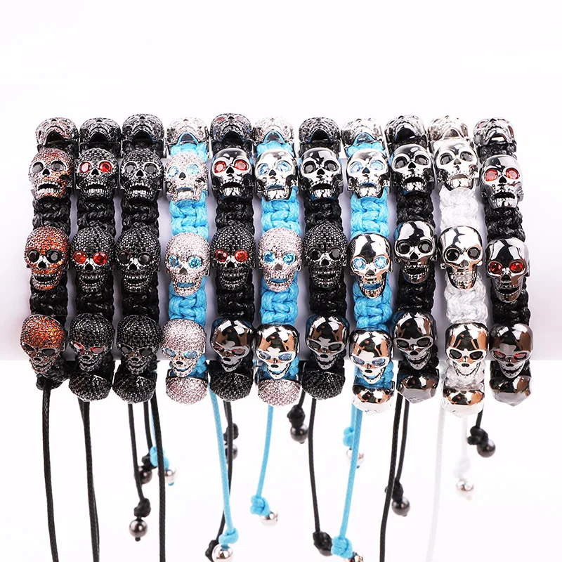 New Arrival Men Jewelry Bracelet Luxury CZ Mirco Pave Skull Charm Handmade Wax Cord Braided Macrmae Wrap Bracelet Men