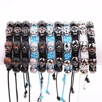 New Arrival Men Jewelry Bracelet Luxury CZ Mirco Pave Skull Charm Handmade Wax Cord Braided Macrmae Wrap Bracelet Men