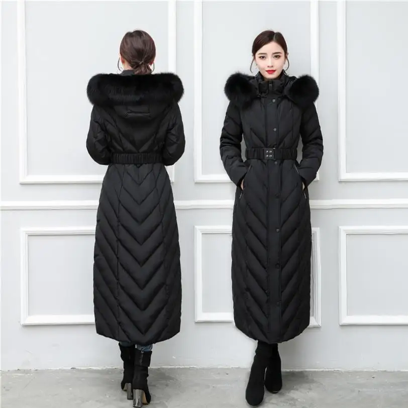 black S-4XL размера плюс, зимнее длинное пальто выше колена на 90% утином пуху, женский длинный толстый теплый пуховик, парки с натуральным лисьим мехом F419 - Цвет: black
