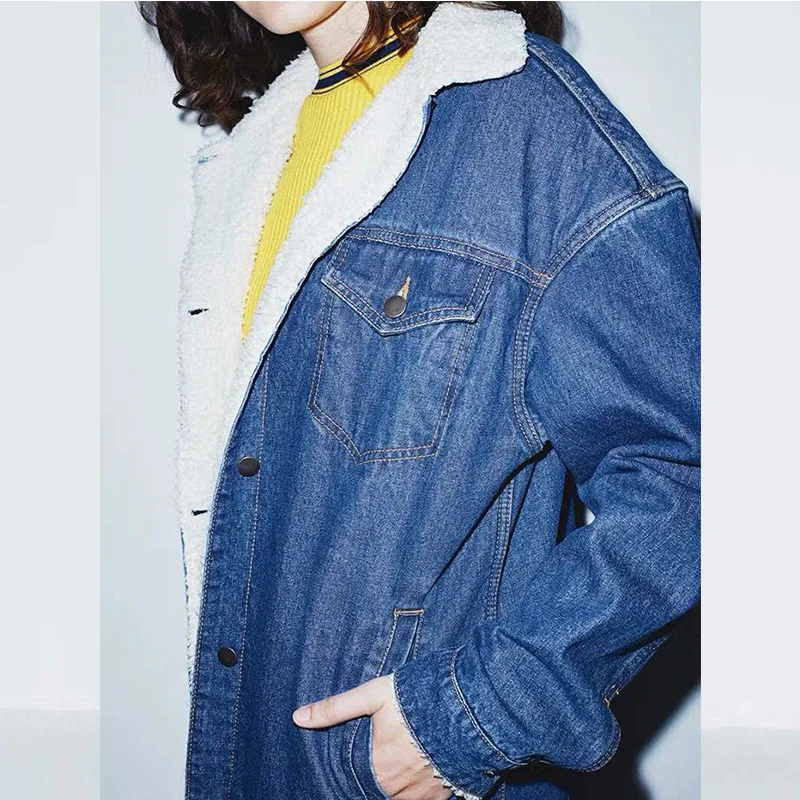 ягненок толстый джинсовый пиджак женщина зимой большой мех Loose джинсовой хлопка