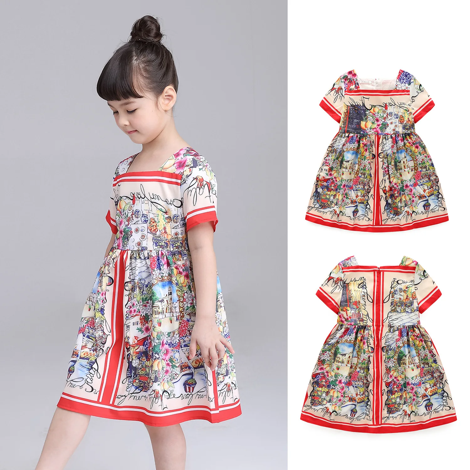 

Summer Western Style Girls Cotton Flower Castle Full Printed Short Sleeve Princess Dress