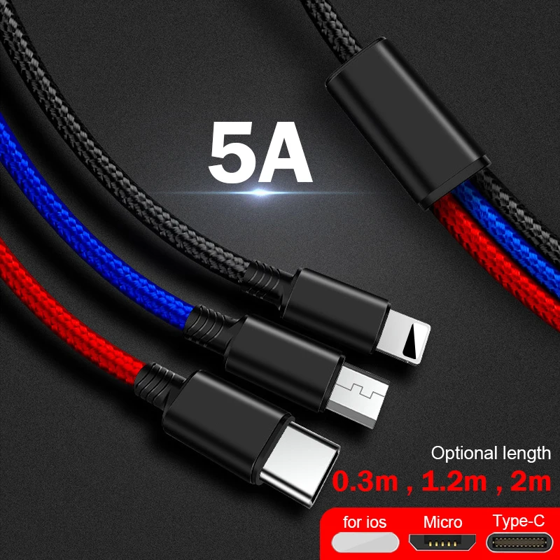Супер Зарядное устройство кабель 3 в 1 Micro Тип type-C USB для Iphone 6/7/8 X huawei XIAOMI USB кабель для зарядки и передачи данных 1 м Зарядное устройство кабель