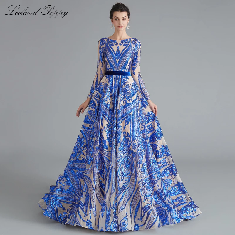Lceland Poppy Luxury A-line Sequins Evening Dresses Scoop Neck Long Sleeves Floor Length robe de soiree Formal Evening Gowns - Цвет: Синий