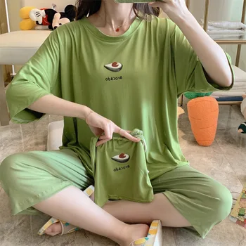 

Rainbow Color Night Wear Women Summer New Avocado Pajamas Female Three-piece Bag Cute Cartoon Knitted Cotton Plus Home Service
