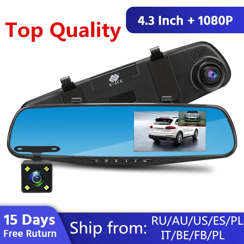 Full HD 1080P Автомобильный видеорегистратор Камера авто 4,3 дюймов зеркало заднего вида цифровой видеорегистратор двойной объектив регистратор видеокамера