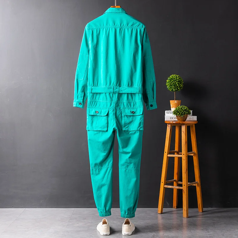 Men Workwear Long Sleeve Jumpsuit Single Breasted Lapel Cloth Autumn Trousers