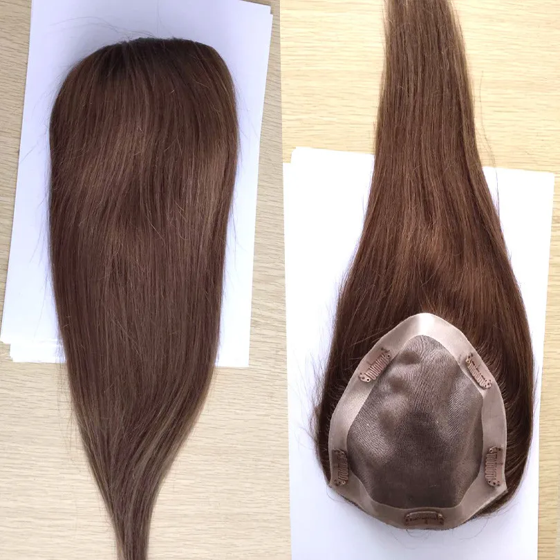 여성용 다크 다크 브라운 버진 유럽 인모 토퍼, 핸드 타이 모노 토피 실크 베이스, 통기성 헤어 피스, 클립 포함, 16x18cm