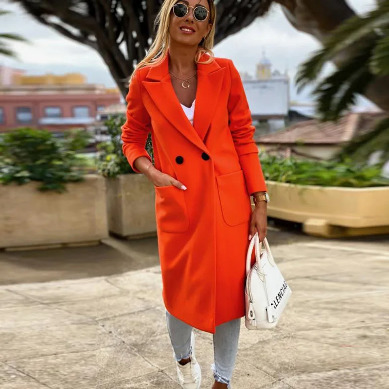 

Autumn Winter Overcoat Women Casual Solid Lapel Long Sleeve Long Jacket Candy Colors Button Pocket Outerwear Warm Plus Size Coat