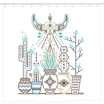 

Santa Fe Garden Turquoise & Brown Shower Curtain, Details Artistic Picture, Cloth Fabric Bathroom Decor Set with Hooks 6072 inch