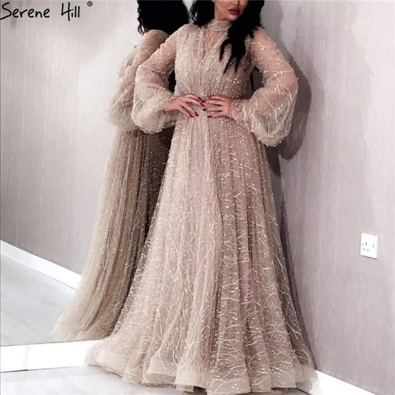 

Champange High Collar Pearls A-Line Prom Dresses 2019 Dubai Long Sleeves Sexy Tulle Prom Gowns Serene Hill Plus Size BLA60835
