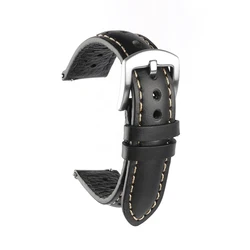 Premium Retro Handmade Leather Watch Strap - Khaki Brown Porous Wristband Belt - 22mm (Black)