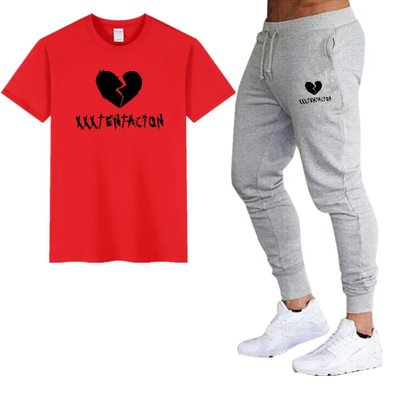 7red gray Новая мода XXXTentacion спортивный костюм и футболка комплект Мужская футболка s+ брюки мужской летний спортивный костюм мужские повседневные брендовые футболки - Цвет: 7red gray