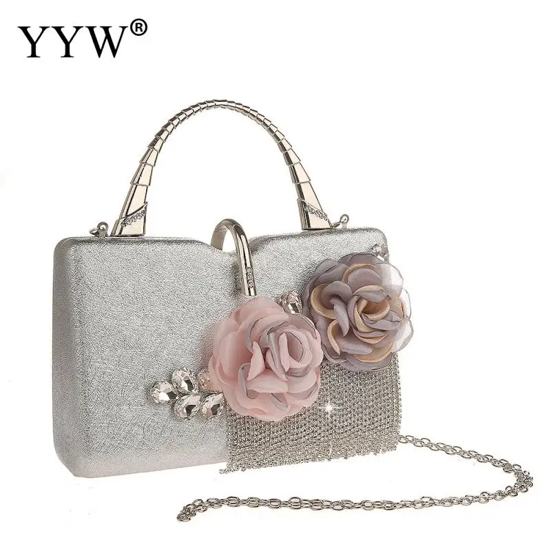 silver Rhinestone Purse Wedding Party Handbag Crystal Evening Bag Champagne Clutch Floral Clutches Beaded Metal Totes Luxury Designer - Цвет: silver