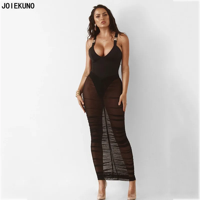 JOIEKNUO Твердые Уличная модная длинная юбка женские юбки mujer moda пикантные Modis сетки плиссированные Для женщин вечерние юбка FD8343 - Цвет: Черный