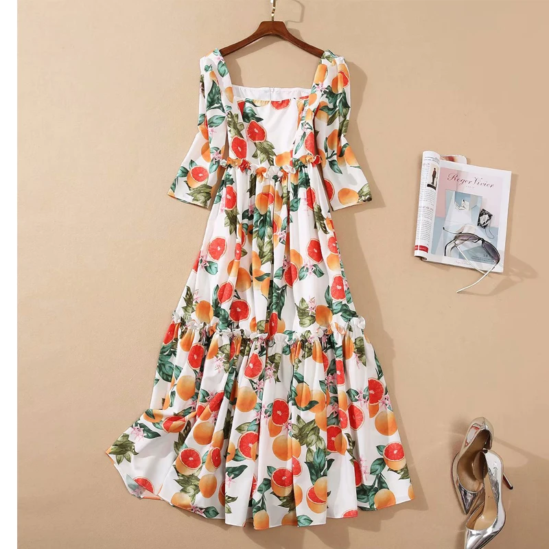 SEQINYY Sicily Style Dress Grapefruit Flowers Print Ruffles 2020 Summer Spring New Fashion Design Women Half Sleeve A-line Midi