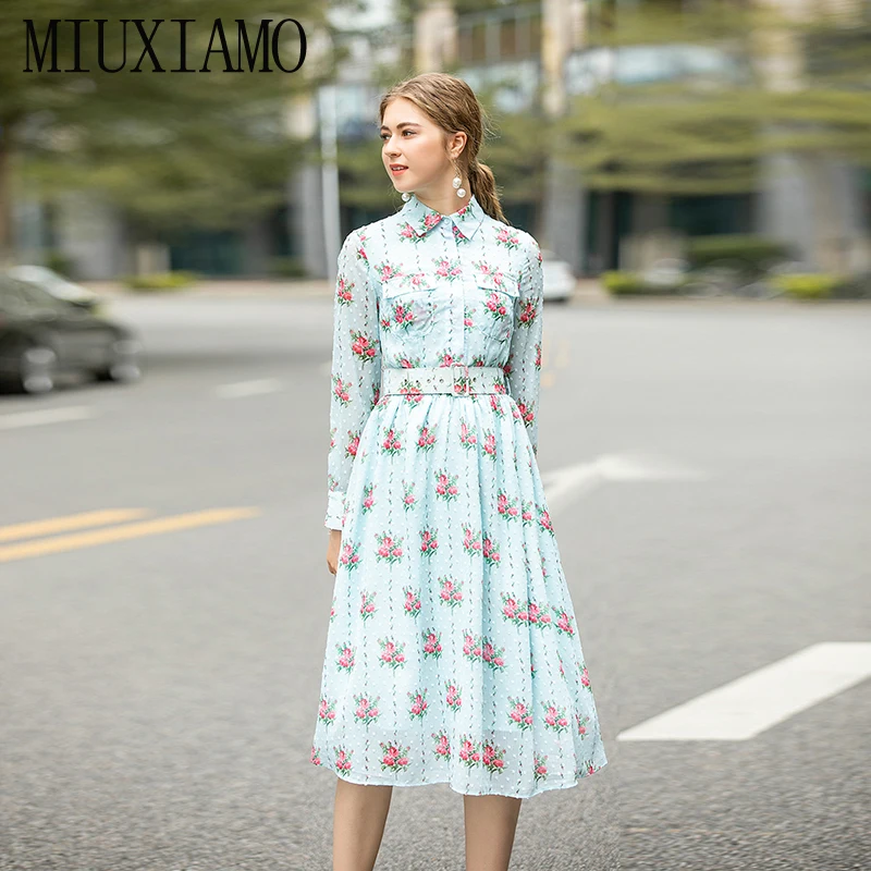 MIUXIMAO, высокое качество, осень и весна, платье с цветочным принтом, офисное, женское, синее, элегантное, Повседневное платье, vestidos с поясом