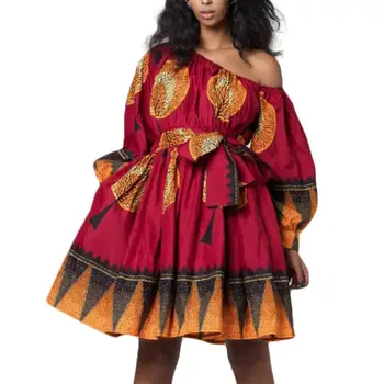 

New 2020 Female Ruffled Off-Shoulder Print Beach Drees A-Line Sleeves Large Swing Dress Floral Print Pleated Party Mini Dress