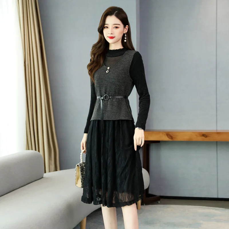 

2019 Winter Fashion Waist Hugging Elegant Versatile Lace Trend Korean-style Two-Piece Dress