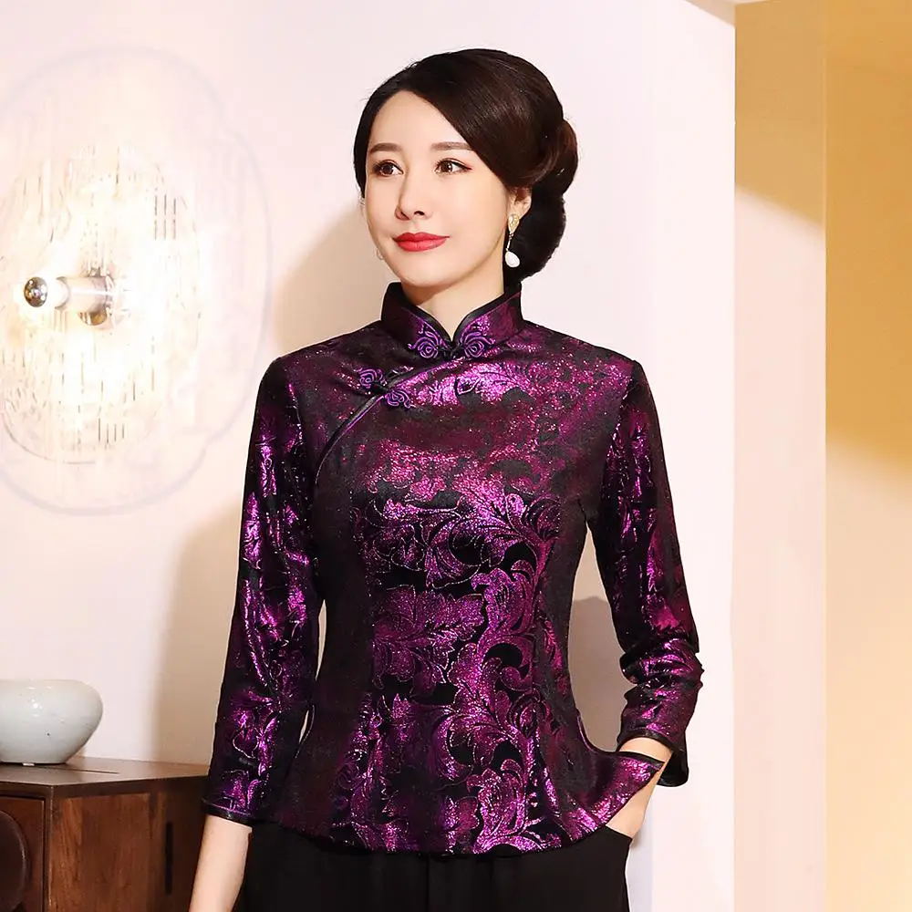 Винтажные топы на пуговицах, женская блузка большого размера 3XL-5XL, китайская одежда в стиле Танг, Классическая рубашка с цветочным рисунком, традиционная ретро одежда - Цвет: Purple Shirt