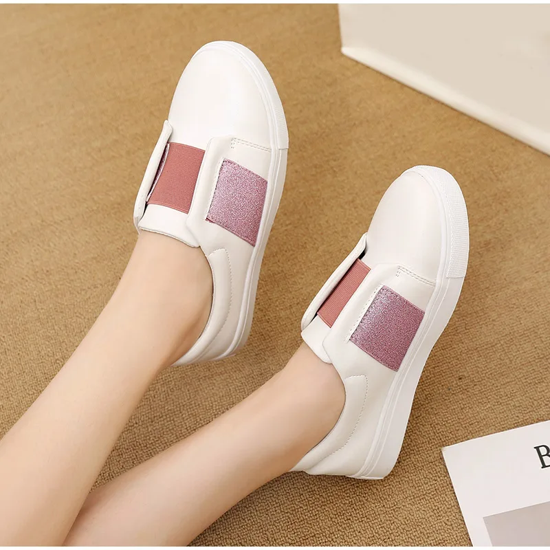 MCCKLE Bling Slip On Shoes Woman Flats Autumn Vulcanized Ladies Platform Comfortable Casual White Shoes Female Fashion Plus Size