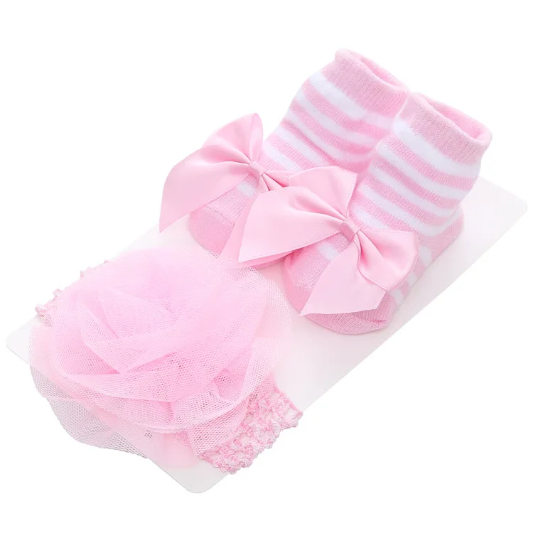 Детские вещи для новорожденных; однотонные Цвет кружевные детские носки принцессы с бантом Симпатичные Детские носки с бантиком+ повязка на голову, комплект реквизит для фотосессии Baby Shower - Цвет: B